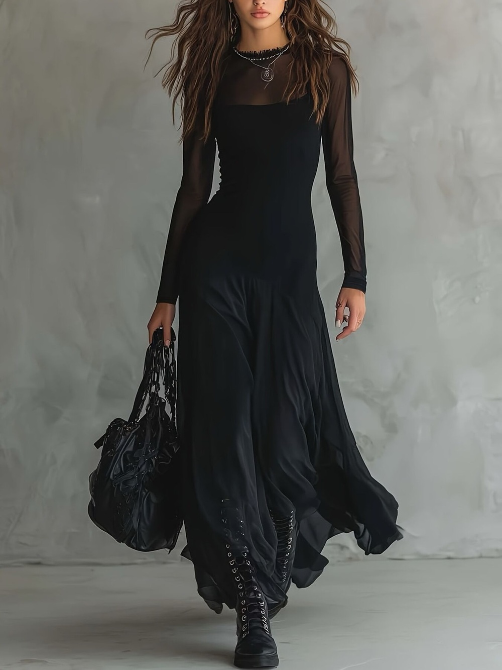 Elegant Gothic Sheer Mesh Long Sleeve Maxi Dress
